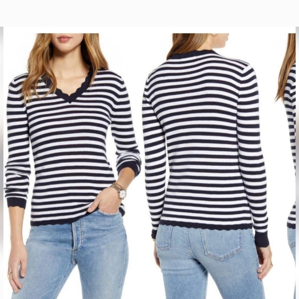 Nordstrom 1901 scallop trip V neck sweater